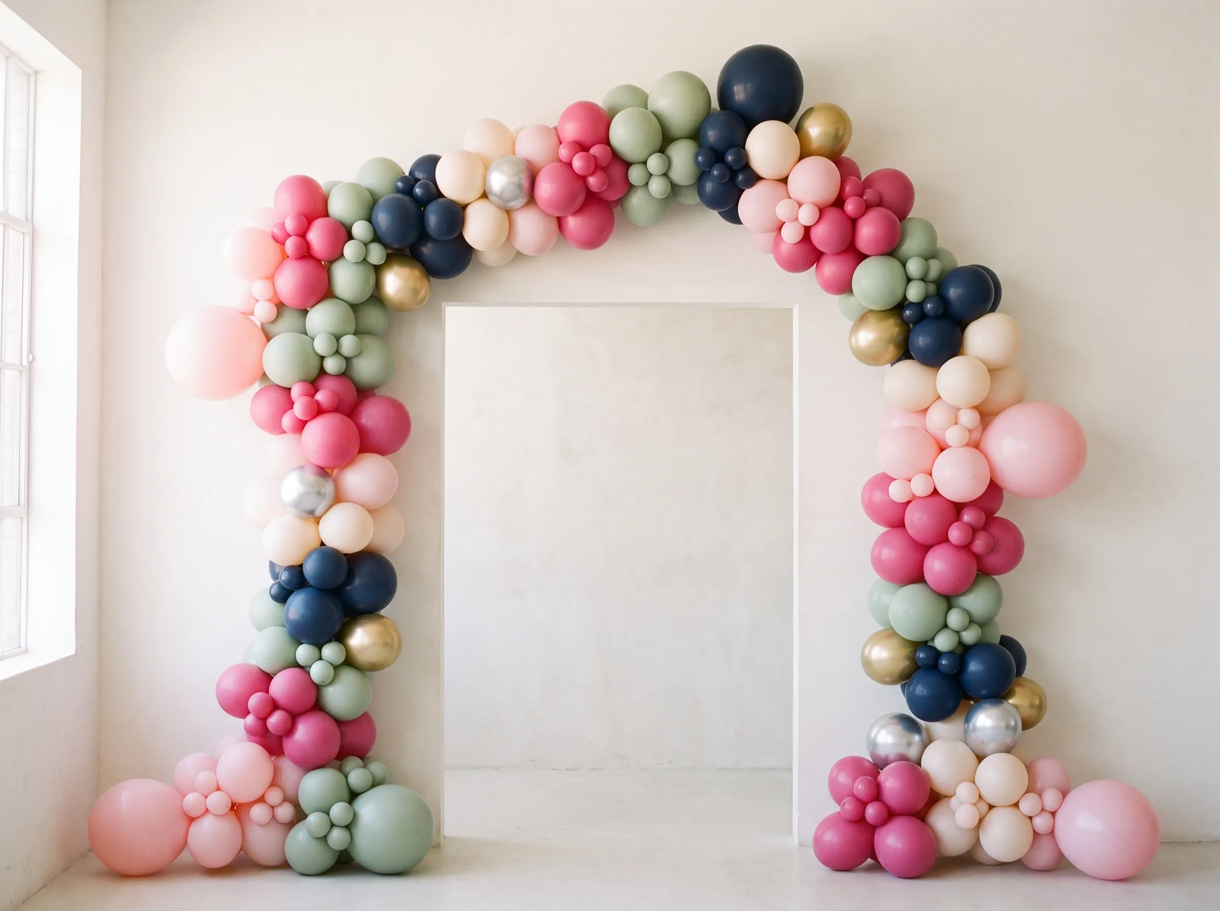 A large custom balloon installation arching across a bright studio wall.