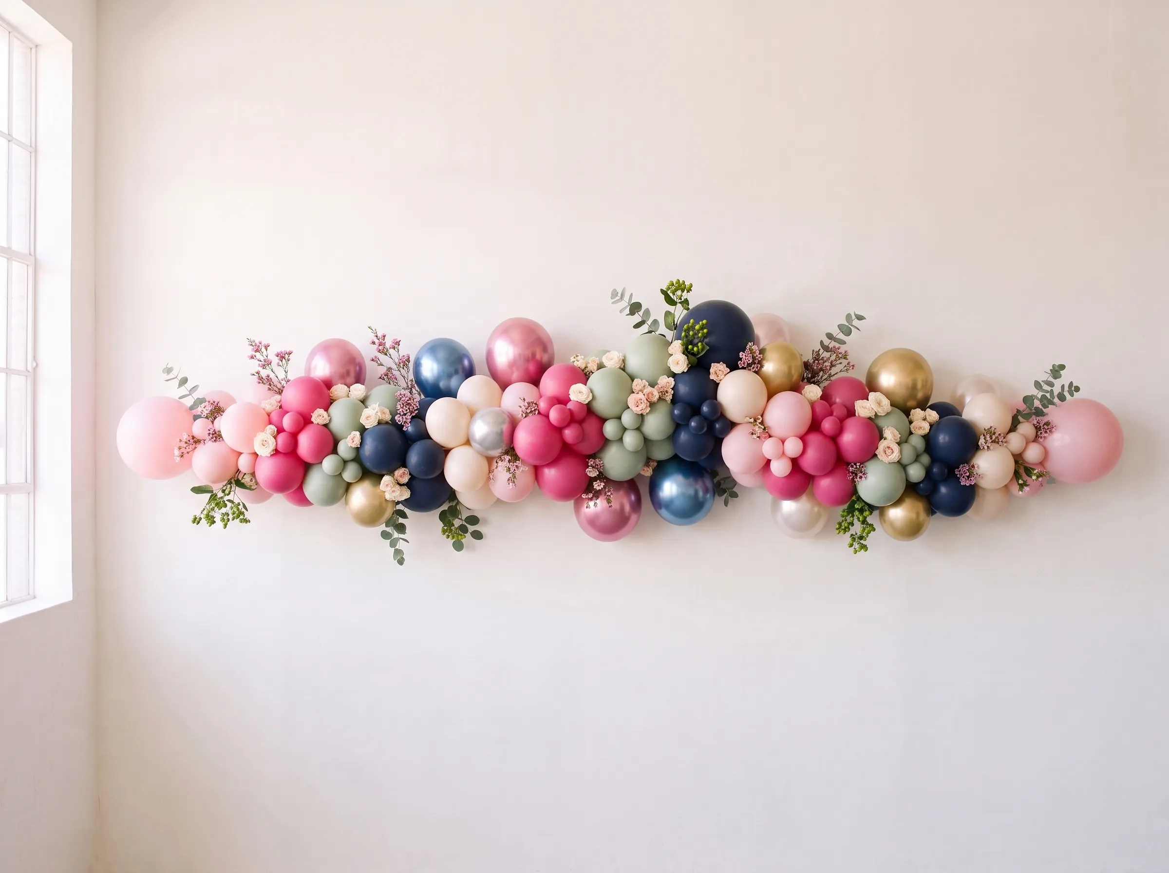 A balloon garland dressed with chrome and pearl balloons, eucalyptus and dried florals.